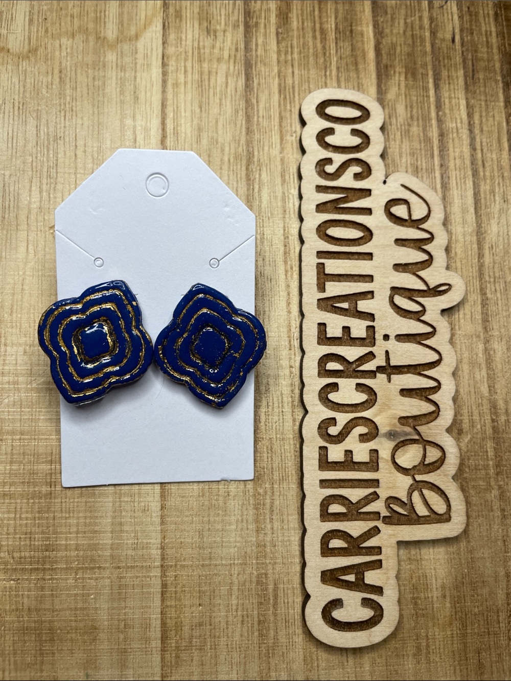 Navy Blue Gold Accent Floral Stud Earrings